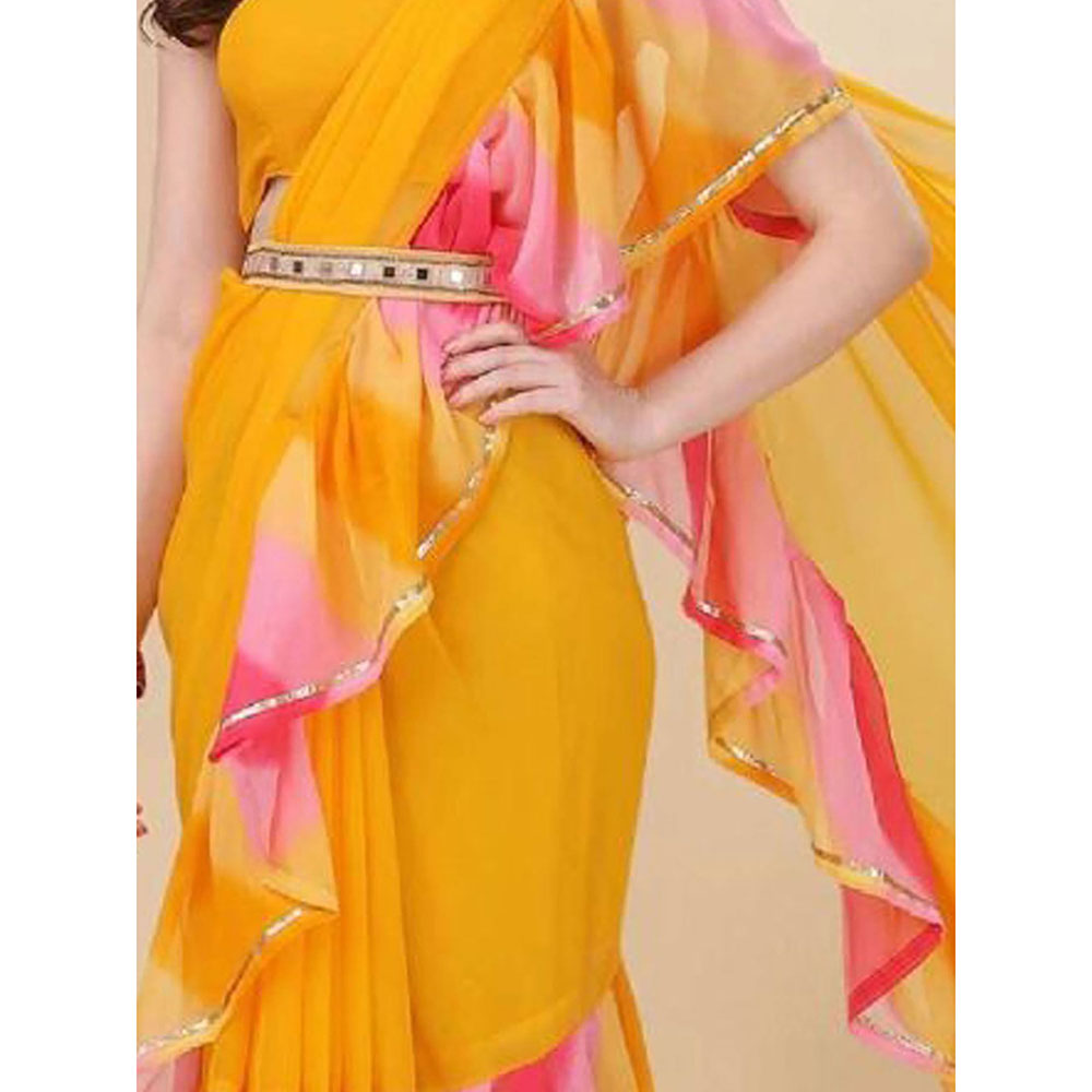 Odette Designer Yellow Printed Ruffle Saree with Unstitched Blouse and Belt for Women