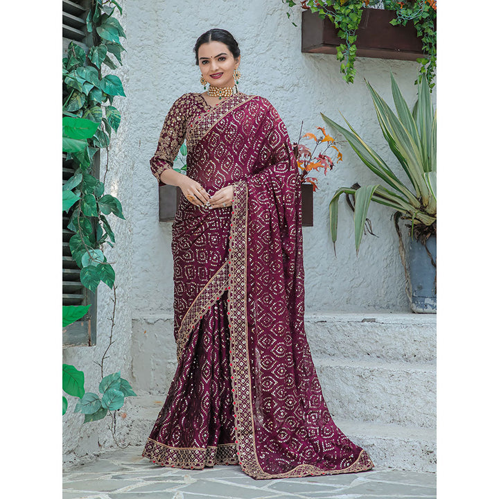 Odette Maroon Georgette Saree with unstitched Blouse for Women