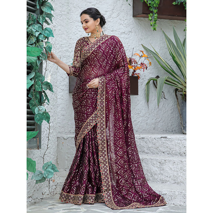 Odette Maroon Georgette Saree with unstitched Blouse for Women