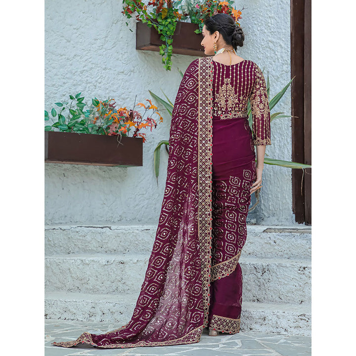 Odette Maroon Georgette Saree with unstitched Blouse for Women