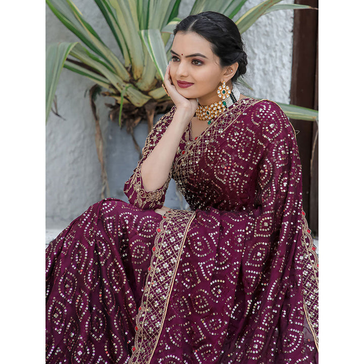 Odette Maroon Georgette Saree with unstitched Blouse for Women