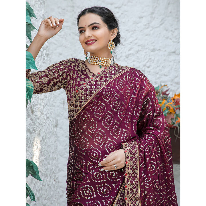 Odette Maroon Georgette Saree with unstitched Blouse for Women