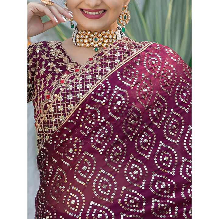 Odette Maroon Georgette Saree with unstitched Blouse for Women