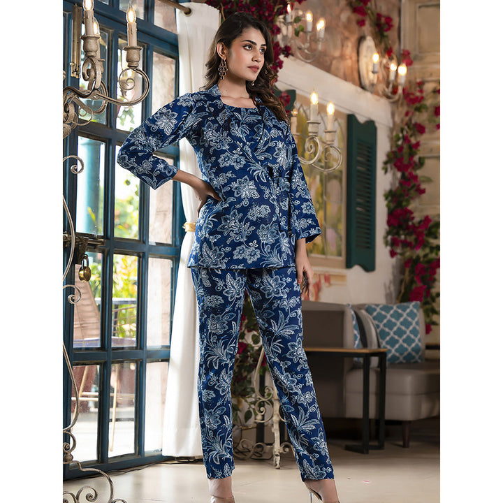 Odette Blue Satin Printed Co Ord for Women (Set of 3)