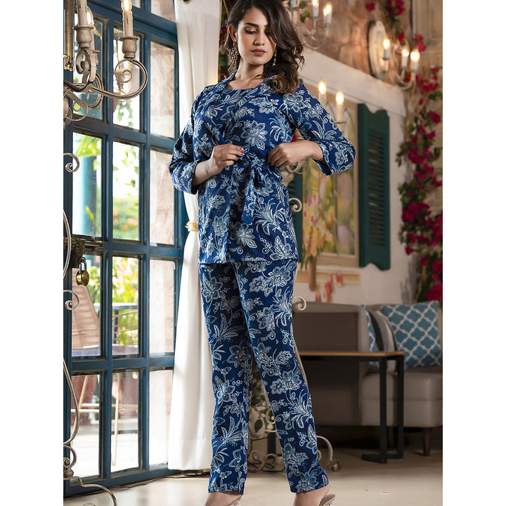 Odette Blue Satin Printed Co Ord for Women (Set of 3)