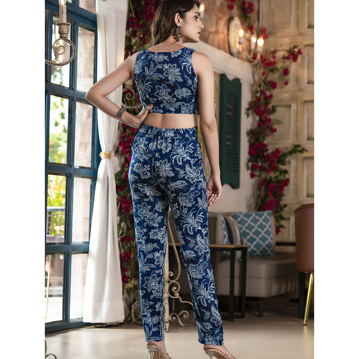 Odette Blue Satin Printed Co Ord for Women (Set of 3)