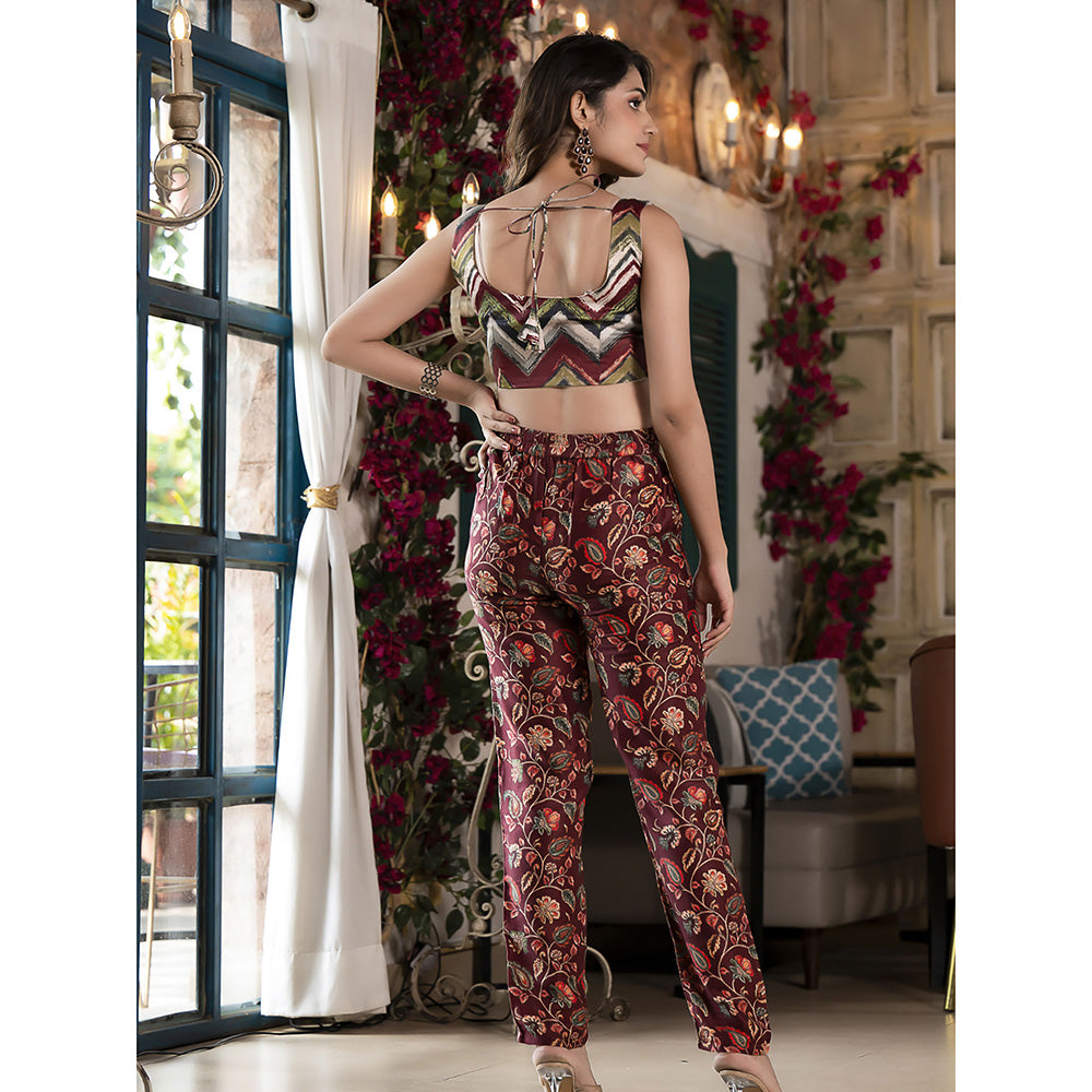 Odette Maroon Satin Printed Co Ord for Women (Set of 3)