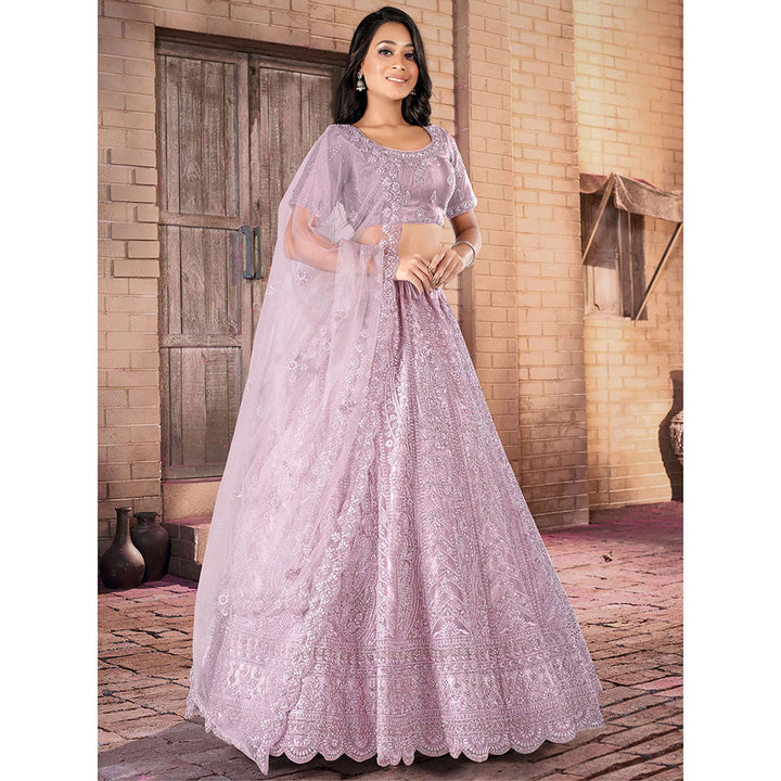 Odette Lavender Soft Net Semi Stitched Bridal Lehenga With Unstitched Blouse & Dupatta (Set of 3)