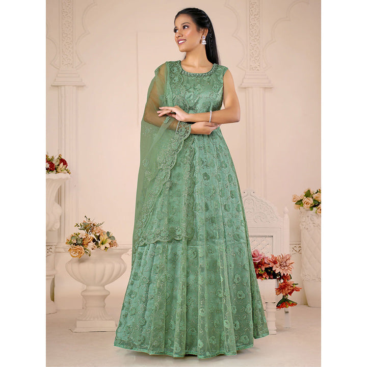 Odette Green Net Embroidered Stitched Anarkali Kurta With Dupatta (Set of 2)