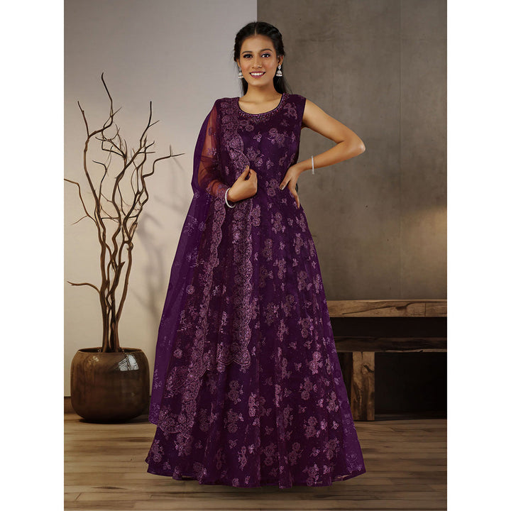 Odette Purple Net Embroidered Stitched Anarkali Kurta With Dupatta (Set of 2)