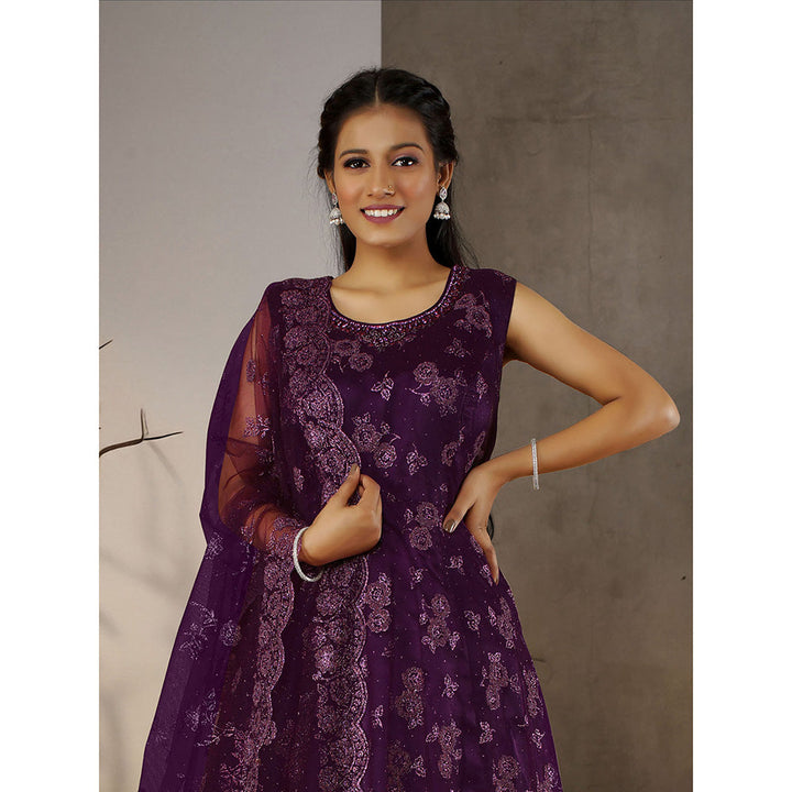 Odette Purple Net Embroidered Stitched Anarkali Kurta With Dupatta (Set of 2)