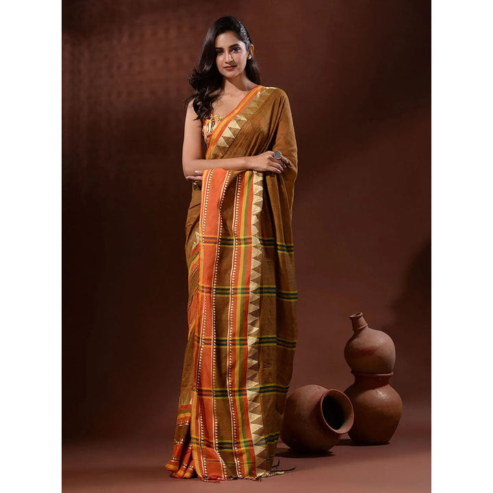 Odette Brown Temple Border Cotton Blend Saree with Unstitched Blouse