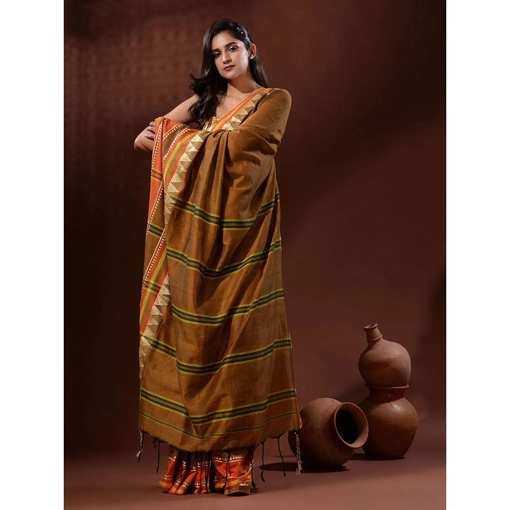 Odette Brown Temple Border Cotton Blend Saree with Unstitched Blouse