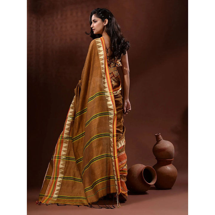 Odette Brown Temple Border Cotton Blend Saree with Unstitched Blouse