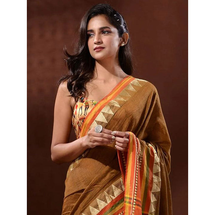 Odette Brown Temple Border Cotton Blend Saree with Unstitched Blouse