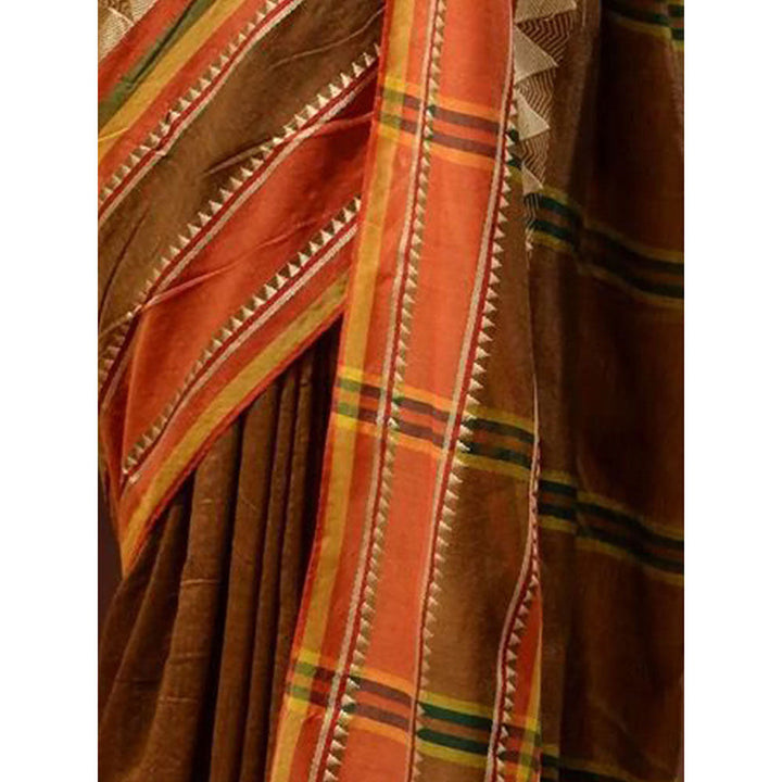 Odette Brown Temple Border Cotton Blend Saree with Unstitched Blouse