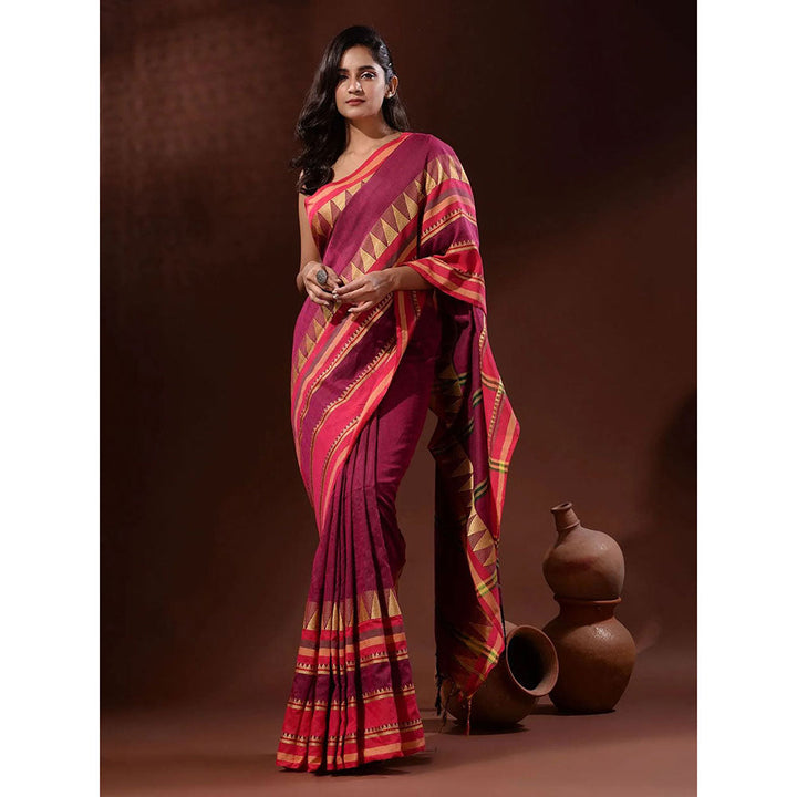 Odette Pink Temple Border Cotton Blend Saree with Unstitched Blouse