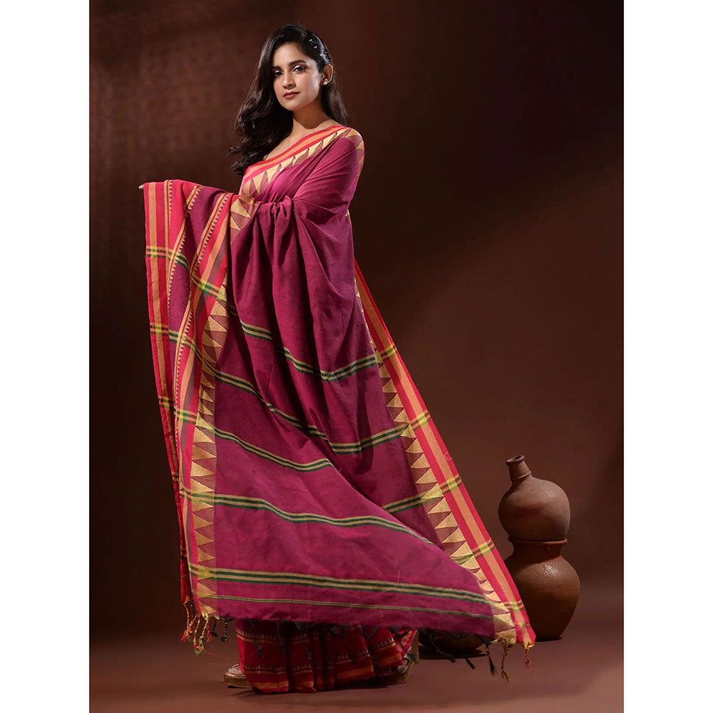 Odette Pink Temple Border Cotton Blend Saree with Unstitched Blouse