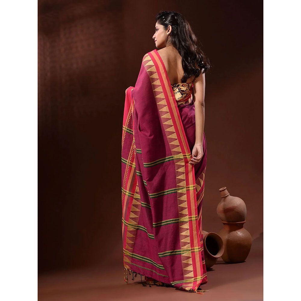 Odette Pink Temple Border Cotton Blend Saree with Unstitched Blouse