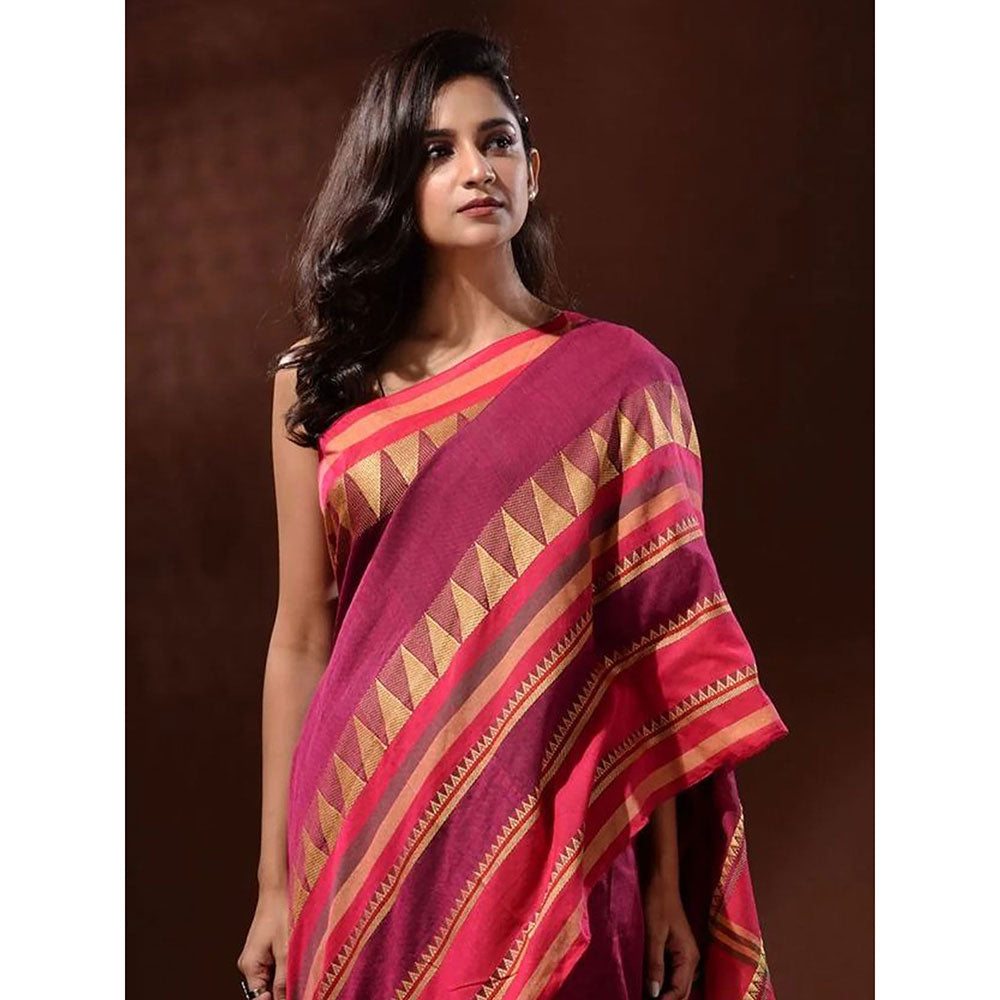 Odette Pink Temple Border Cotton Blend Saree with Unstitched Blouse