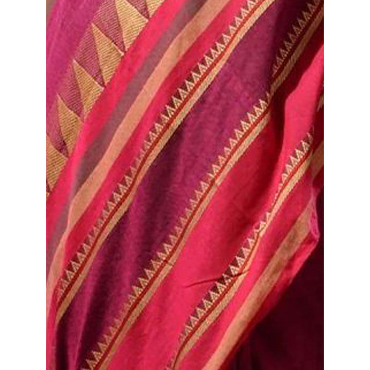 Odette Pink Temple Border Cotton Blend Saree with Unstitched Blouse