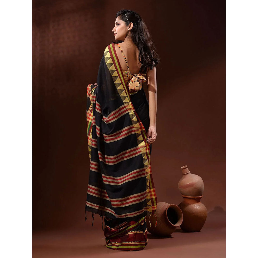 Odette Black Temple Border Cotton Blend Saree with Unstitched Blouse