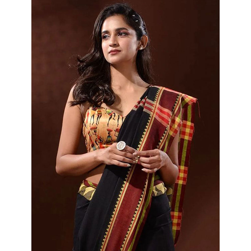 Odette Black Temple Border Cotton Blend Saree with Unstitched Blouse