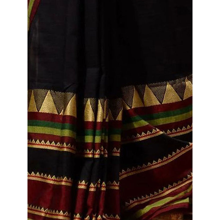 Odette Black Temple Border Cotton Blend Saree with Unstitched Blouse