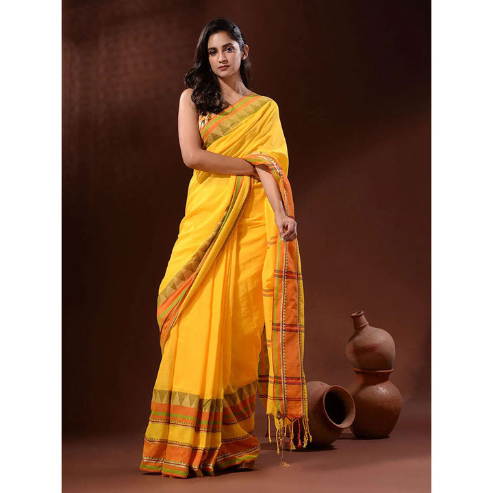 Odette Yellow Temple Border Cotton Blend Saree with Unstitched Blouse