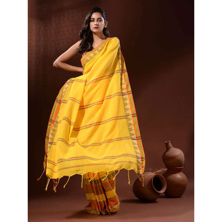 Odette Yellow Temple Border Cotton Blend Saree with Unstitched Blouse