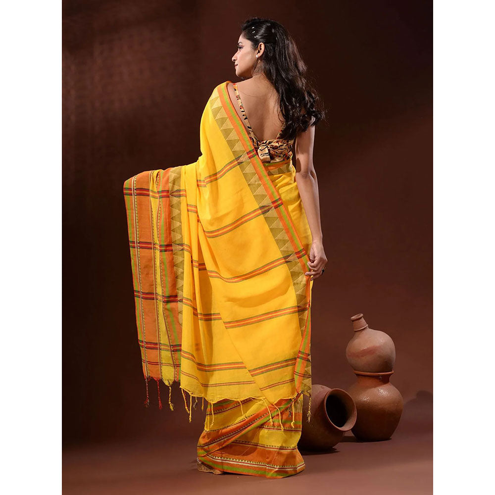 Odette Yellow Temple Border Cotton Blend Saree with Unstitched Blouse