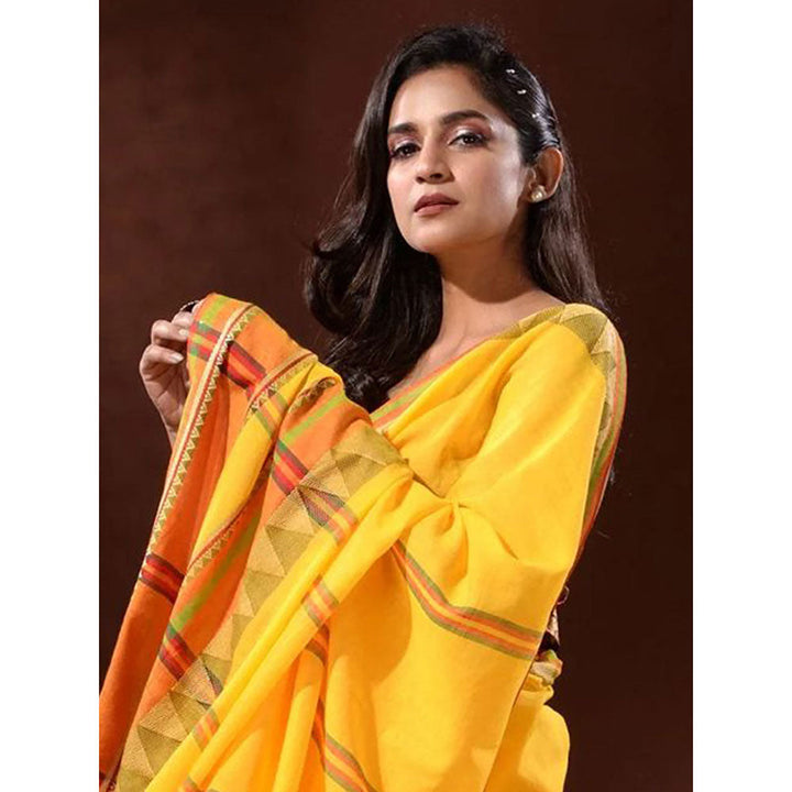 Odette Yellow Temple Border Cotton Blend Saree with Unstitched Blouse