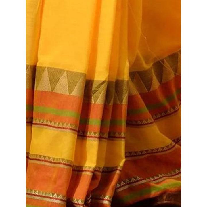 Odette Yellow Temple Border Cotton Blend Saree with Unstitched Blouse