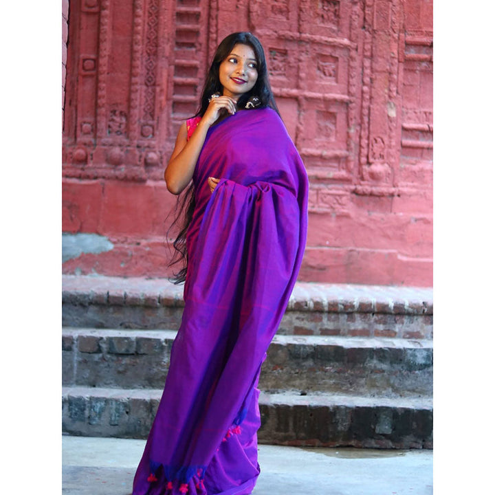 Odette Purple Cotton Saree with Unstitched Blouse