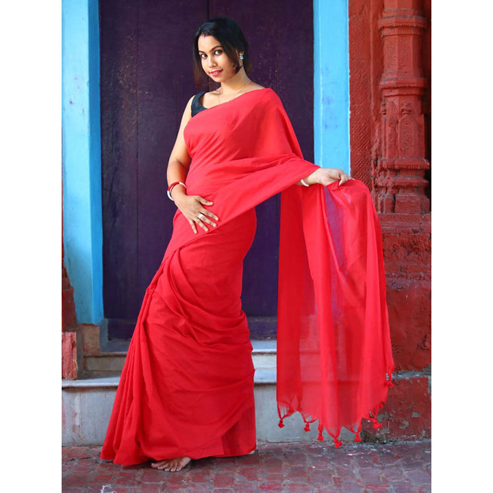 Odette Red Cotton Saree with Unstitched Blouse