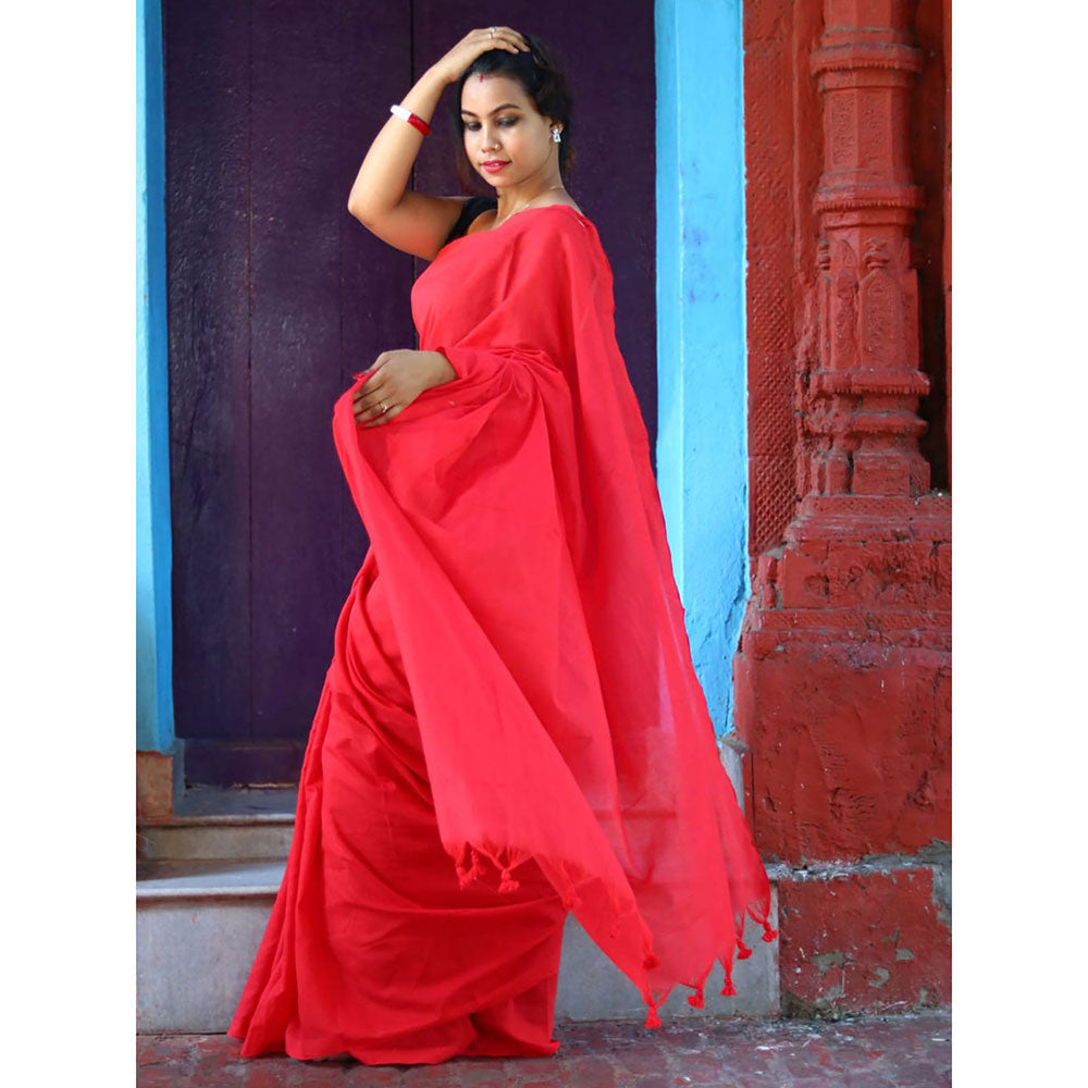 Odette Red Cotton Saree with Unstitched Blouse