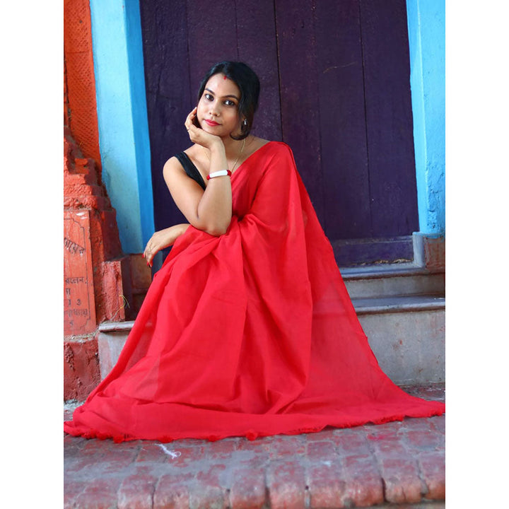 Odette Red Cotton Saree with Unstitched Blouse