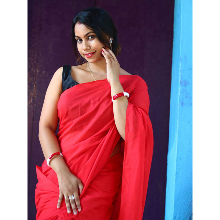 Odette Red Cotton Saree with Unstitched Blouse