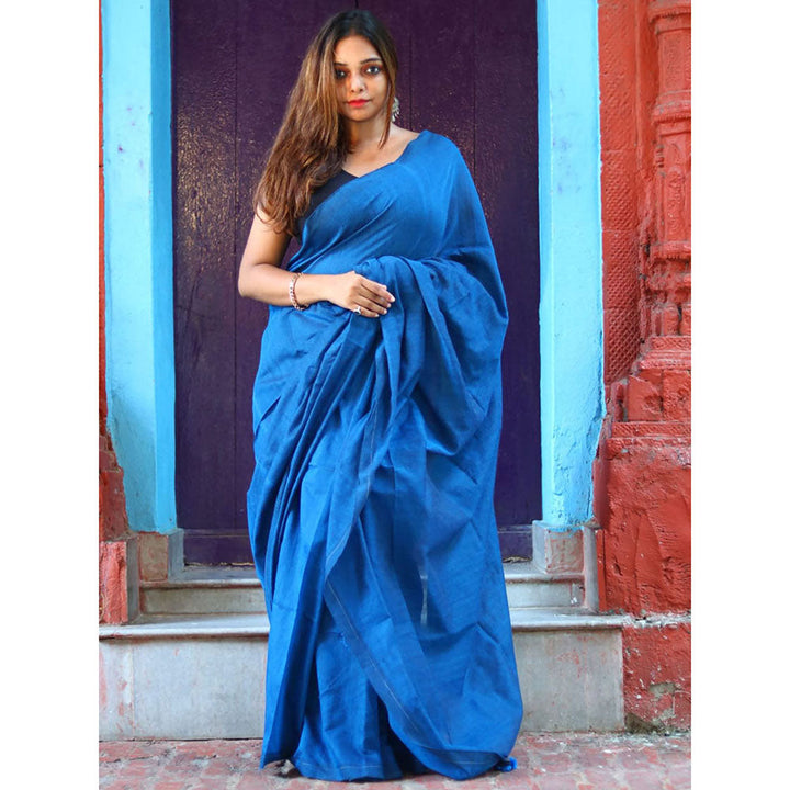 Odette Blue Cotton Saree with Unstitched Blouse