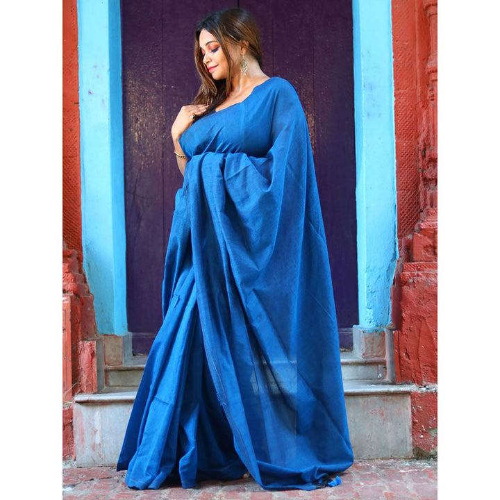 Odette Blue Cotton Saree with Unstitched Blouse