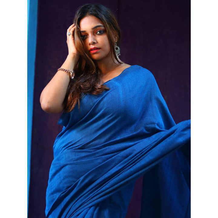 Odette Blue Cotton Saree with Unstitched Blouse