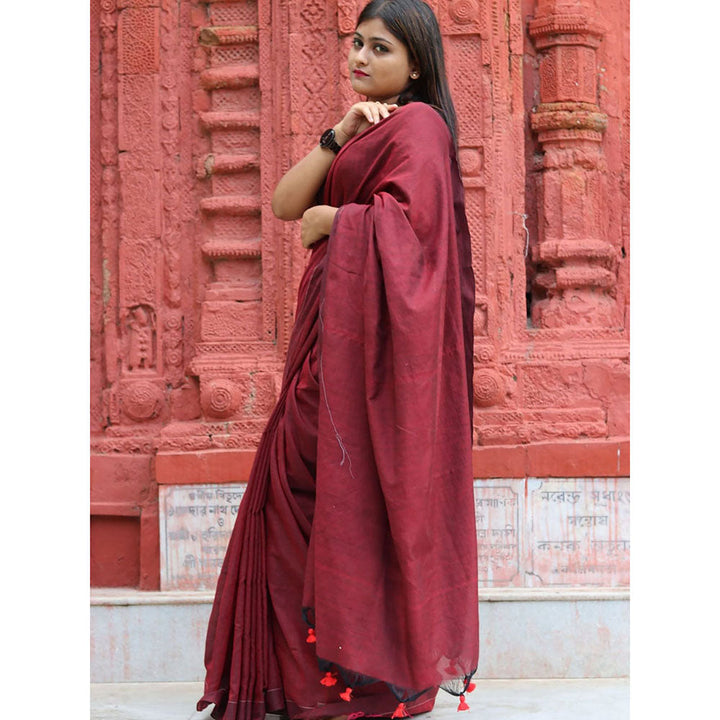 Odette Maroon Cotton Saree with Unstitched Blouse