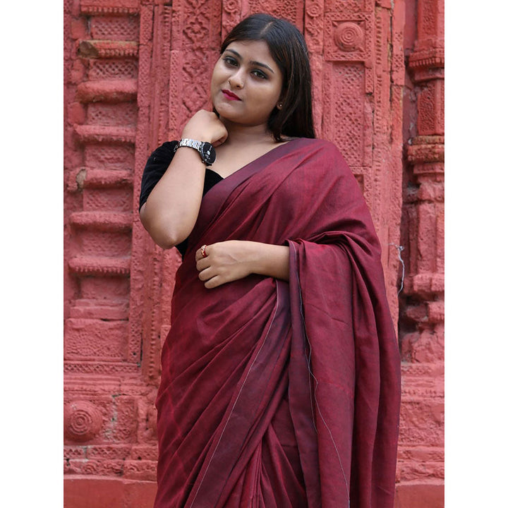 Odette Maroon Cotton Saree with Unstitched Blouse