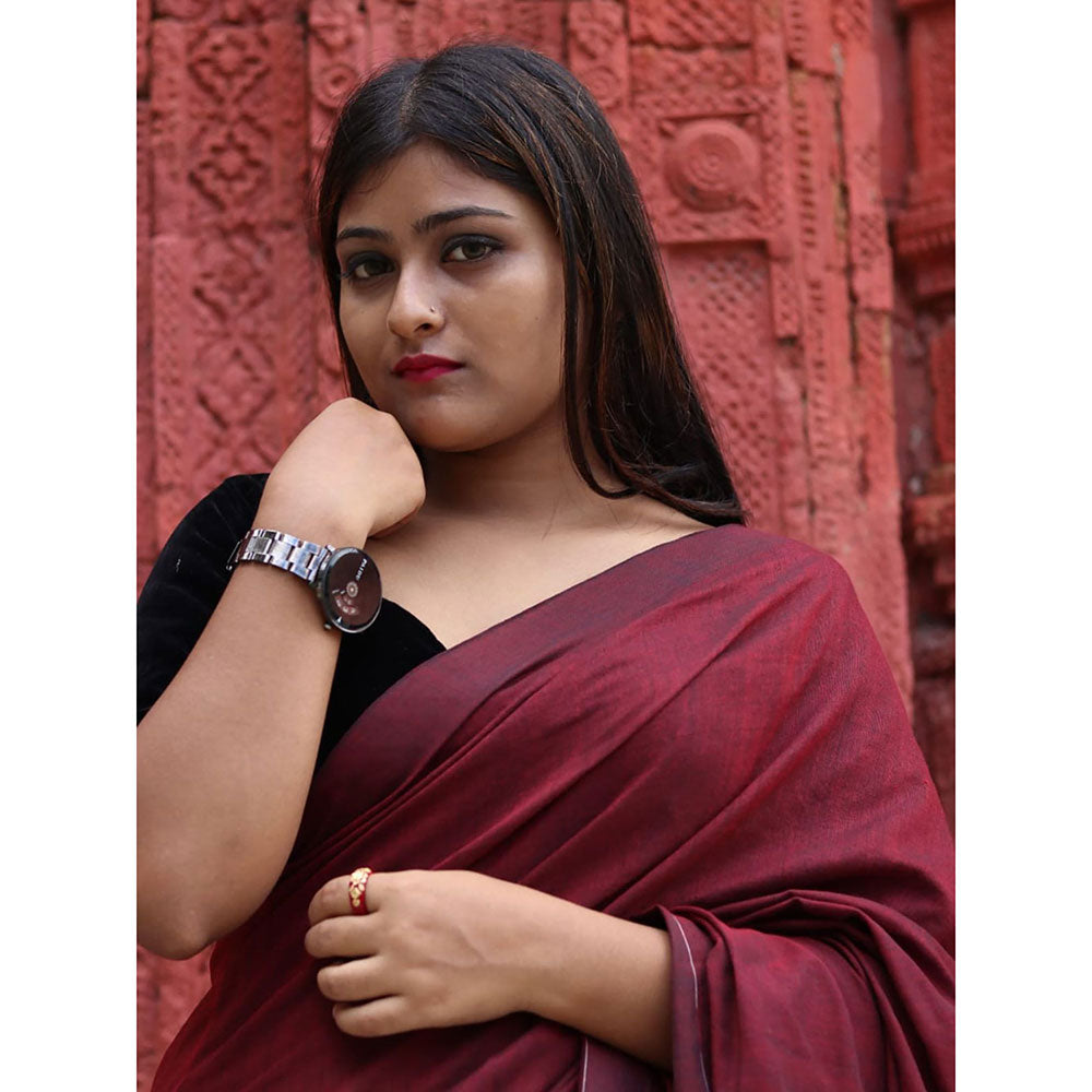 Odette Maroon Cotton Saree with Unstitched Blouse