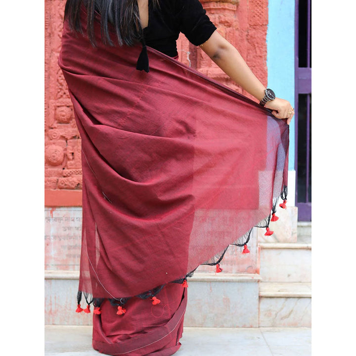 Odette Maroon Cotton Saree with Unstitched Blouse