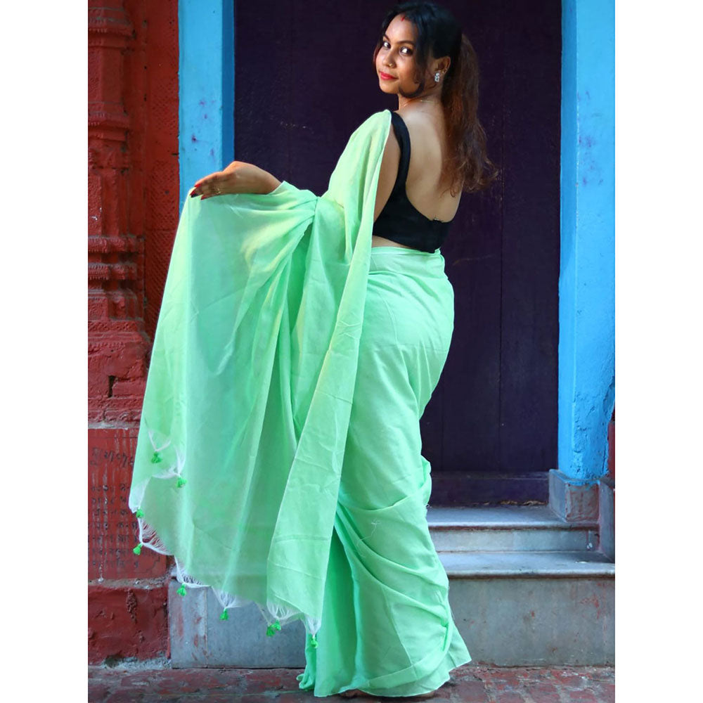 Odette Light Green Cotton Saree with Unstitched Blouse