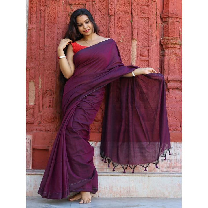 Odette Wine Cotton Saree with Unstitched Blouse