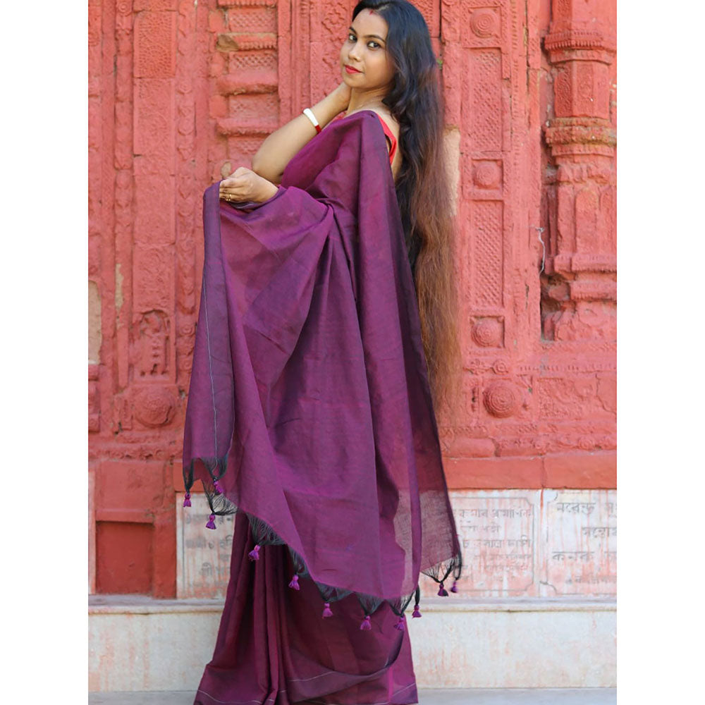 Odette Wine Cotton Saree with Unstitched Blouse