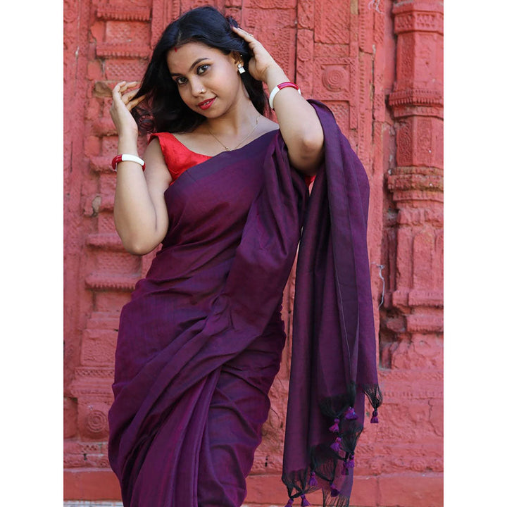 Odette Wine Cotton Saree with Unstitched Blouse