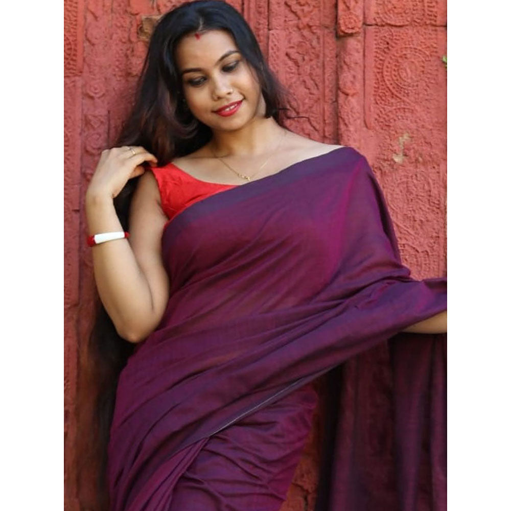 Odette Wine Cotton Saree with Unstitched Blouse